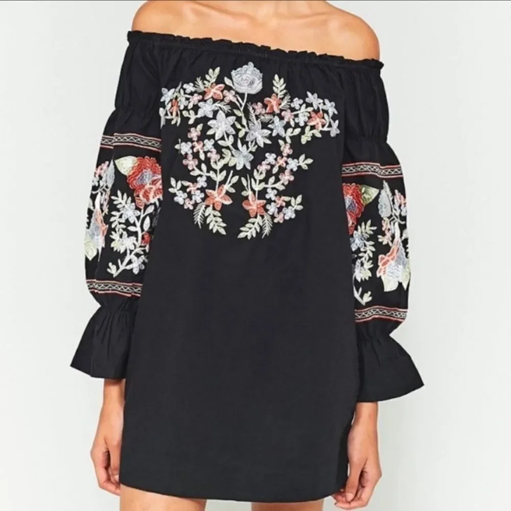 Free People Fluer Du Jour Black Dress Floral Multicolor Embroidery Med
